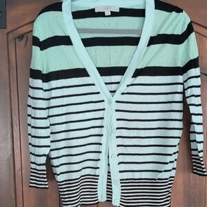 LOFT Mint Green and Black Striped Button-Front Cardigan